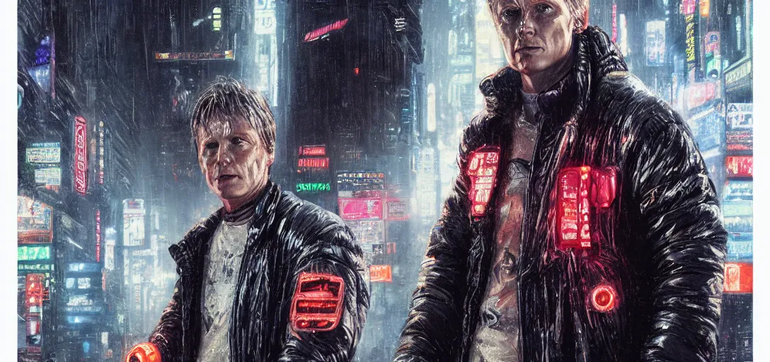 Prompt: detailed film still portrait of marty mcfly in the movie blade runner, cyberpunk futuristic, neon, reflective puffy coat, decorated with traditional japanese by smail inceoglu dragan bibin hans thoma greg rutkowski alexandros pyromallis nekro, illustrated, fine details, realistic shaded, fine - face,