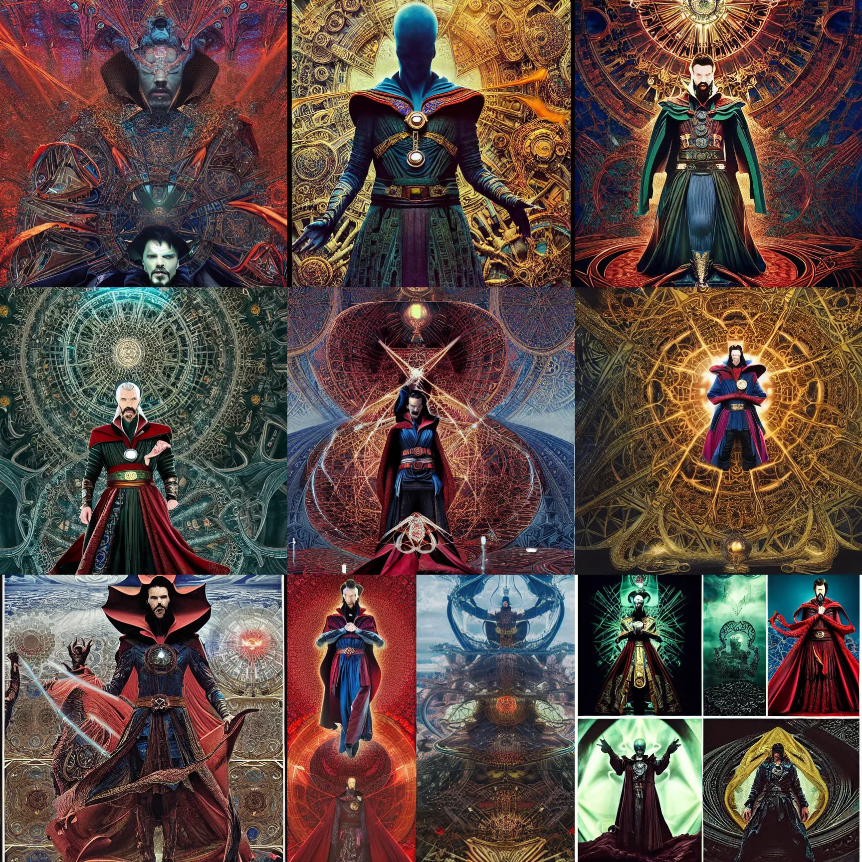 Prompt: symmetric frame from Doctor Strange inception, dr doom in ornate scale armour, byguo pei and alexander mcqueen metal couture editorial, eldritch epic monumental attack by beksinski by Yuko Shimizu