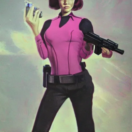 Prompt: A pink sci-fi woman with a gun.