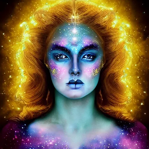 Prompt: beautiful goddess of the galaxy, stars behind her, nebula facepaint, portrait of head and shoulders,, very detailed eyes, realistic eyes, extremely beautiful, marvelous eyes, dawn, halo, flowers and plants, gold, intricated design, very detailed and rich clothing