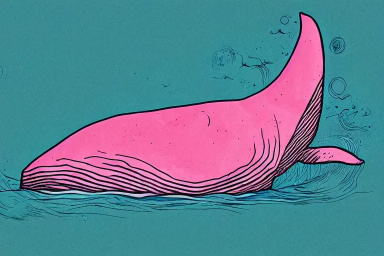 Prompt: handmade illustration of a whale, pink, line art, ink, heavy brushstrokes, watercolor, mixed media by national geogrpahic and kilian eng and by jake parker