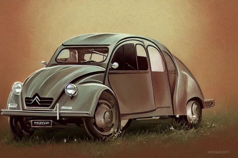 Image similar to 1950s citroen 2CV, fantasy, elegant, intricate, highly detailed, digital painting, artstation, concept art, sharp focus, illustration, art by artgerm and greg rutkowski and alphonse mucha