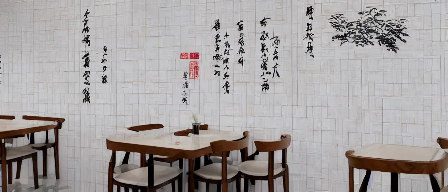 Prompt: a beautiful simple interior 4 k hd wallpaper illustration of small roasted string hotpot restaurant restaurant yan'an, wall corner, from china, yan'an characteristic wall and white tile floor, rectangle white porcelain table, black chair, fine simple delicate structure, chinese style, simple style structure decoration design, victo ngai, 4 k hd