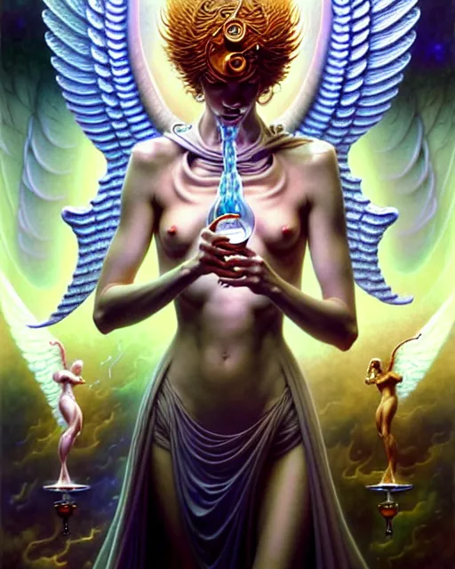 Image similar to an angel pouring water between two cups, tarot card, fantasy character portrait made of fractals, ultra realistic, wide angle, intricate details, the fifth element artifacts, highly detailed by peter mohrbacher, hajime sorayama, wayne barlowe, boris vallejo, aaron horkey, gaston bussiere, craig mullins