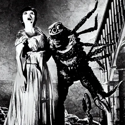 Image similar to vintage universal monster movie, the giant humanoid crab monster attacks a screaming woman inside a spooky gothic mansion