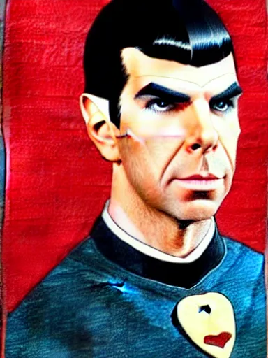 Image similar to : ZACHARY QUINTO SPOCK fanart + 70s COLORED PENCIL + art by J.C. LEYENDECKER + 4K UHD IMAGE + STUNNING QUALITY + CRAYON TEXTURE