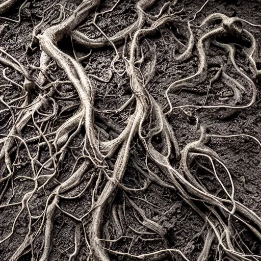 Prompt: photograph of pitch black, tar - like roots with lots of tendrils spreading everywhere, intricate detail, goopy, deep black roots, infestation