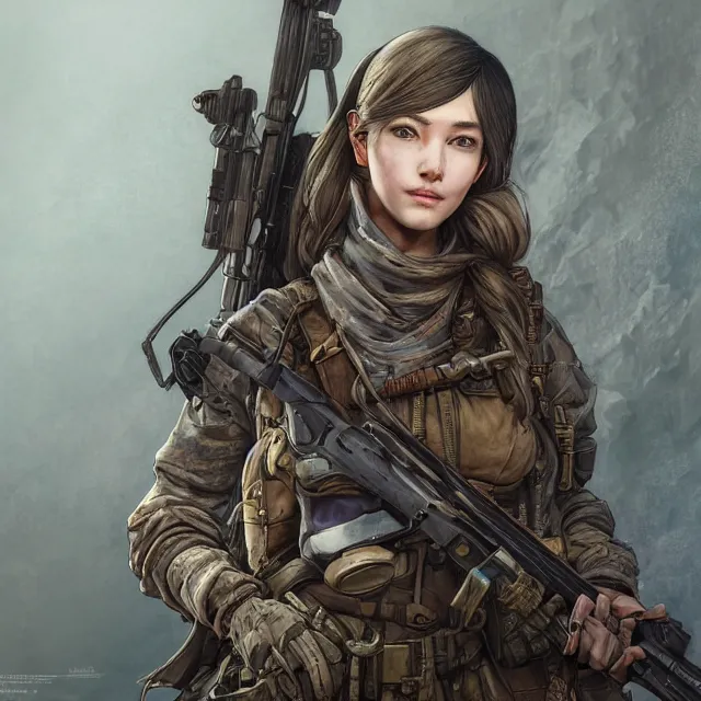 Image similar to the portrait of lawful neutral semi - colorful female infantry sniper as absurdly beautiful, gorgeous, elegant, young woman looking up, an ultrafine hyperdetailed illustration by kim jung gi, irakli nadar, intricate linework, bright colors, octopath traveler, final fantasy, unreal engine 5 highly rendered, global illumination, radiant light, detailed and intricate environment