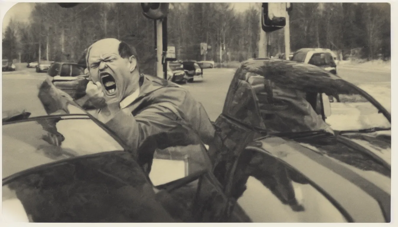 Image similar to polaroid picture of russian man yelling at stop sign, very detailed, 8 k