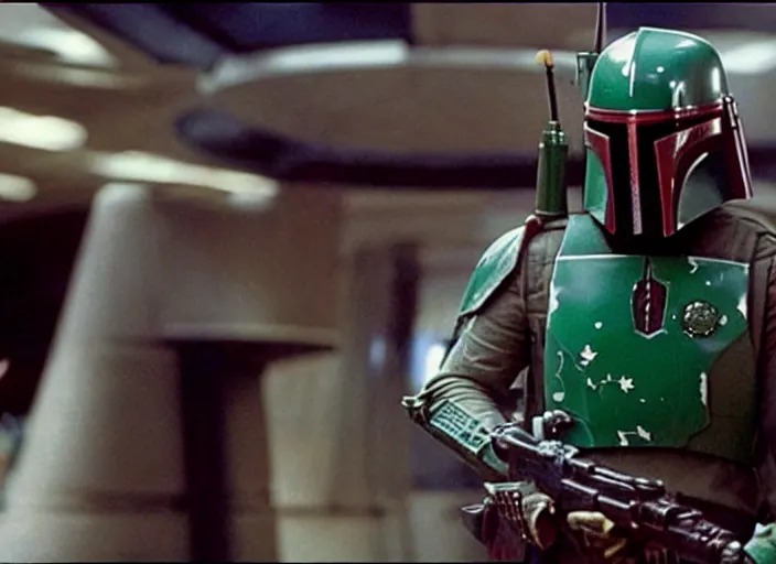 Prompt: film still of Boba Fett gambling in vegas in the Phantom Menace 1999