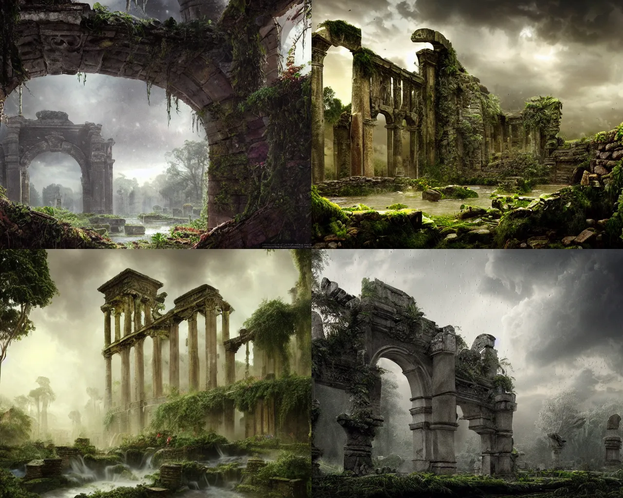 Prompt: Ancient ruins of a city of nymphs, overgrown, heavy rain, winter, immaculate and epic scale, low angle, looking up, amazing lighting, sunshine filtering through the clouds, digital art, trending on Artstation, hyper-realistic, detailed, ultra detailed