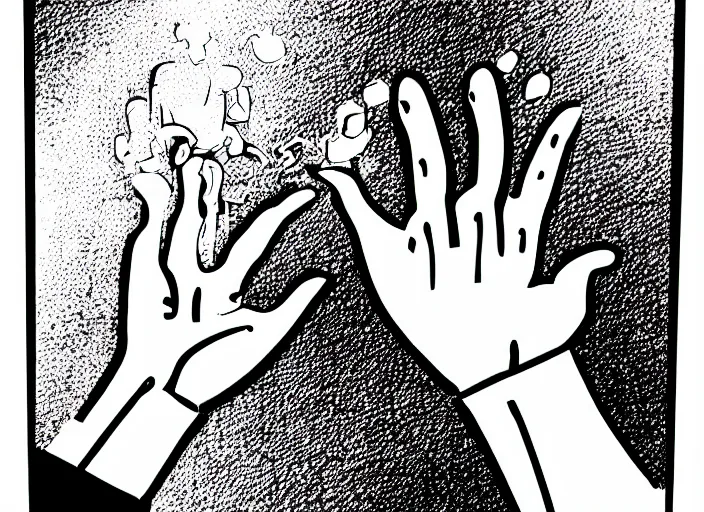 Image similar to black and white clip art of a man\'s hand bursting through a wall, palm up