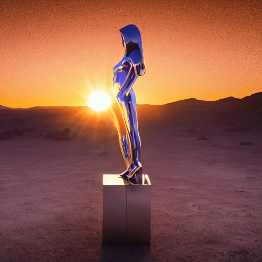 Prompt: 4 k hdr wide angle sony a 7 photo of a stainless steel shiny reflective woman female statue dancing on mars during a blue martian sunset
