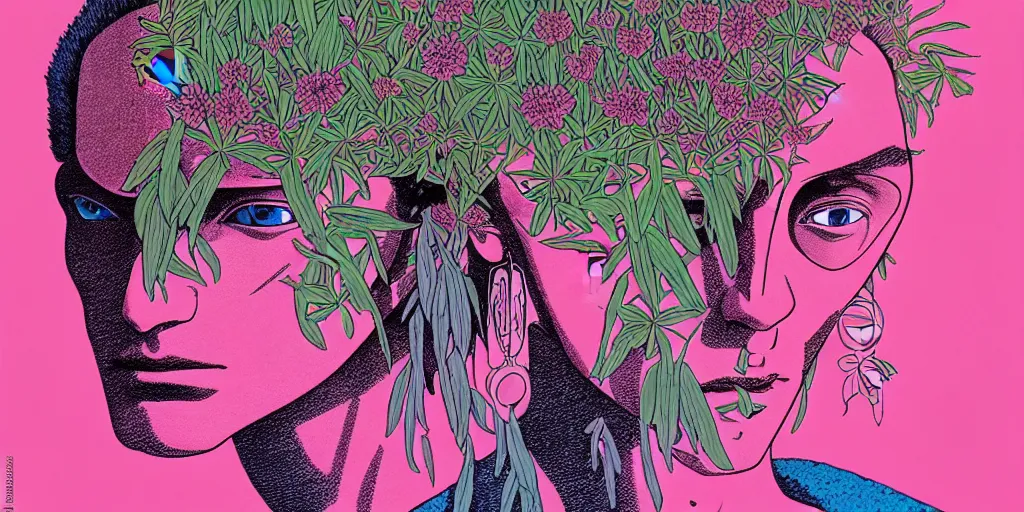 Image similar to risograph grainy drawing futuristic sci - fi antagonist face wearing earrings, photorealistic colors, face covered with plants and flowers, by moebius and satoshi kon and dirk dzimirsky close - up portrait, hyperrealistic