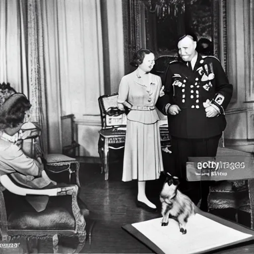 Image similar to ultra wide 1 9 4 6 historical photo of a single german general signing a peace treaty, a young queen elizabeth holds a corgi and watches the general sign the treaty, french village interior, highly detailed, sharp focus