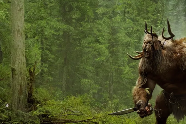 Image similar to vfx movie closeup detailed ancient warrior orc hunting elk in the forest, natural lighting by emmanuel lubezki