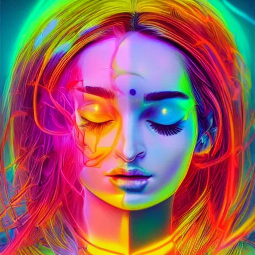 Prompt: a neon psychedelic chakra awakening kundalini ethereal portrait of kim petras with her eyes closed transcending to a higher plane of existence, eternal blessing, multiverse, by android jones, by ben ridgeway, visionary art, by artgerm, featured on artstation, cgsociety, by greg rutkowski