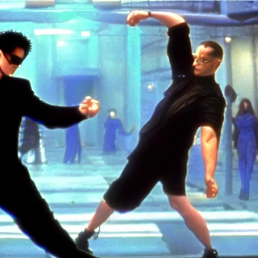 Image similar to neo punches morpheus instead of choosing a pill, still from the matrix movie