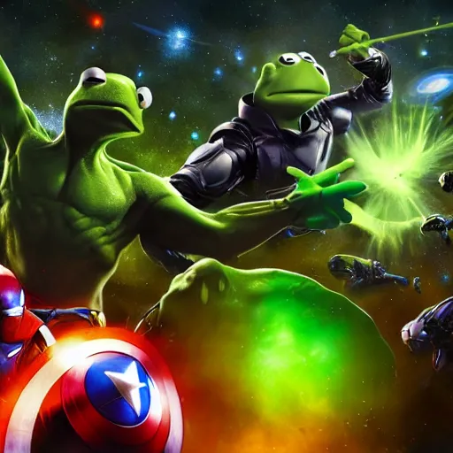 Image similar to the avengers battle one kermit the frog in space, galaxy, hd, 8 k, explosions, gunfire, lasers, giant, epic, colorful, realistic photo, unreal engine, stars, prophecy, powerful, cinematic lighting, destroyed planet, debris, justice league, movie poster, violent, sinister, ray tracing, dynamic, print, epic composition