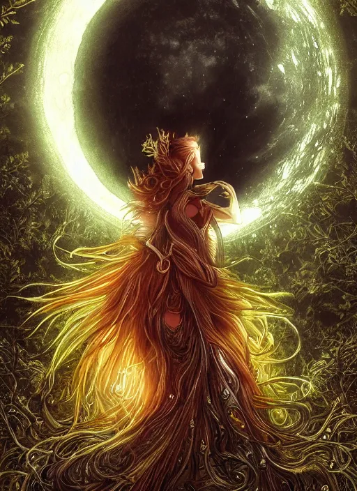 Image similar to glowing silver and golden elements, portrait, A beautiful dark witch in front of the full big moon, book cover, green forest, red white black colors, establishing shot, extremly high detail, foto realistic, cinematic lighting, pen and ink, intricate line drawings, by Yoshitaka Amano, Ruan Jia, Kentaro Miura, Artgerm, post processed, concept art, artstation, matte painting, style by eddie, raphael lacoste, alex ross