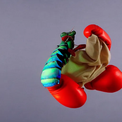 Prompt: a mantis shrimp wearing boxing gloves