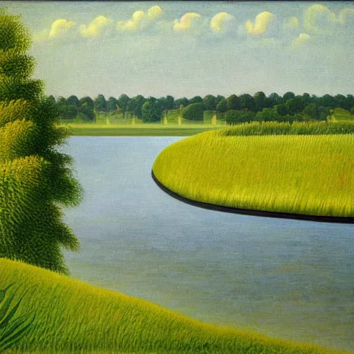 Prompt: a beautiful painting of Columbus Ohio Scioto river by henri Rousseau