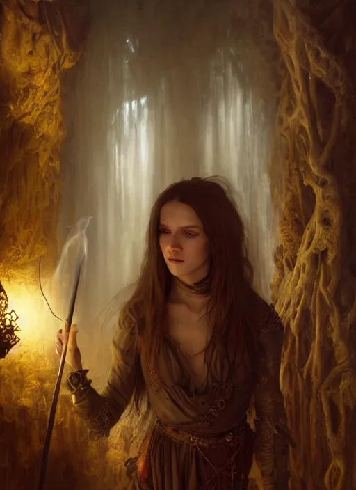 Prompt: inside covens den, diffuse lighting, fantasy epic, hdrp smoke, intricate facial detailing, highly detailed, lifelike, photorealistic, digital painting, artstation, unreal 5, concept art, smooth, sharp focus, art by john collier and albert aublet and krenz cushart and artem demura and alphonse mucha