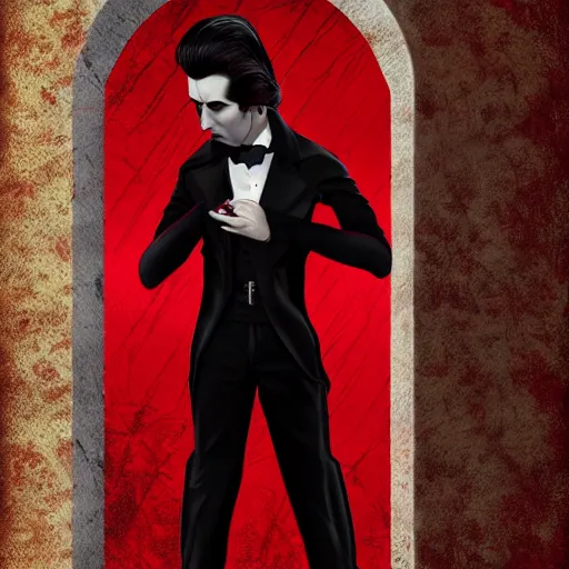 Prompt: a classical vampire, male, late - 4 0 s aged, long, slicked black hair, clean shaven, in red and black, regal, high fantasy, full color digital art, cinematic shot, full body shot, concept art.