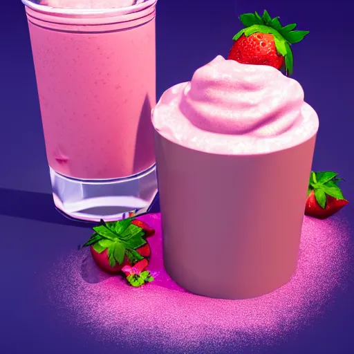 Image similar to 3 d render of a hovering pink milkshake with whipped cream with a slight sparkle and iridescent texture aginst a pink backdrop with slight sadow underneath and falling strawberries in the background, photorealistic, bold colours 4 k, cgsociety, blender, unreal engine 5, sharp details, 3 0 0 dpi