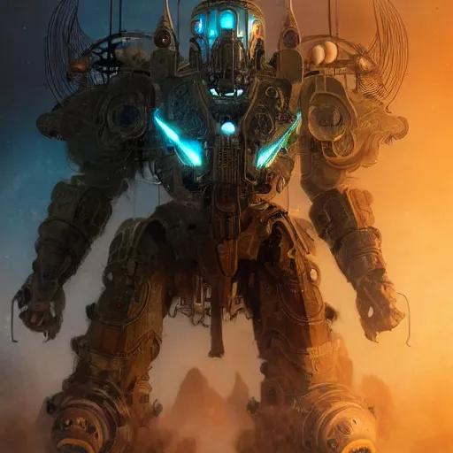 Image similar to gigantic bipedal humanoid war machine standing in a battlefield, steam punk, 70's sci-fi, in the style of Fenghua Zhong and Ruan Jia and Jermy lipking and peter mohrbacher, mystic colors, highly detailed, deep aesthetic, 8k, highly ornate intricate details, cinematic lighting, rich colors, digital artwork, ray tracing, hyperrealistic, photorealistic, cinematic landscape, trending on artstation,