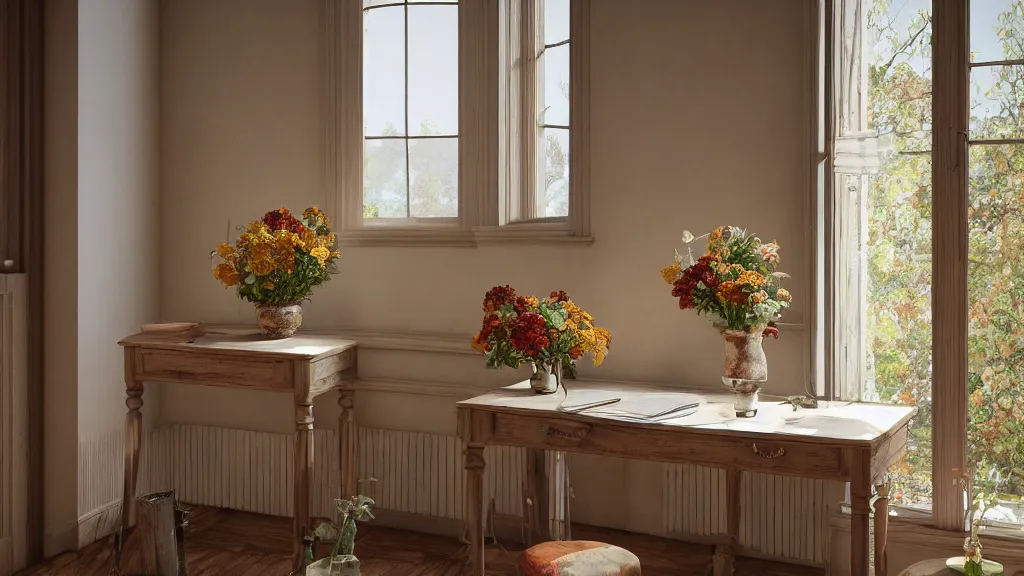 Image similar to an old wooden desk with a flower vase, in a richly decorated Victorian house. the autumn light comes in through a window and dimly illuminates the room, diffuse light, octane render