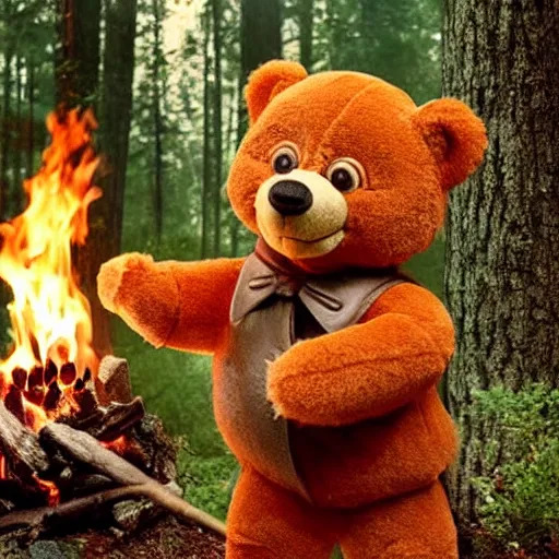 Image similar to candid photo of Teddy Ruxpin in the woods, playing with fire as Smokey The Bear burns one by Annie Leibowitz, photorealisitc, extremely detailed