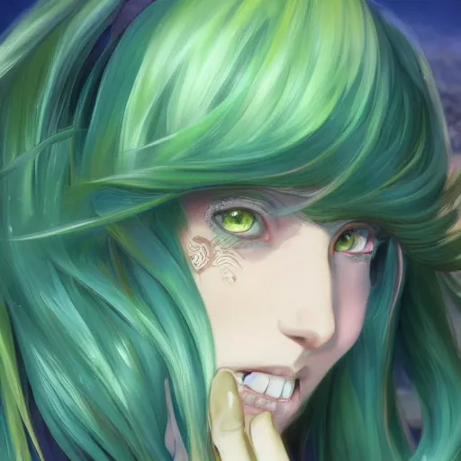 Prompt: A Beautiful Anime girl with Green hair and Yellow eyes, detailed, looking at the camera annoyed, centered, digital painting, artstation, concept art, donato giancola, Joseph Christian Leyendecker, WLOP, Boris Vallejo, Breathtaking, 8k resolution, extremely detailed, beautiful, establishing shot, artistic, hyperrealistic, beautiful face, octane render, cinematic lighting, dramatic lighting, masterpiece