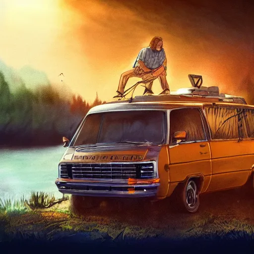 Image similar to Intricate detailed illustration, Matt Foley living in a van down by the river, cinematic lighting, by Philip Hood, wide angle, volumetric light scattering, 8k, artstation, concept art,