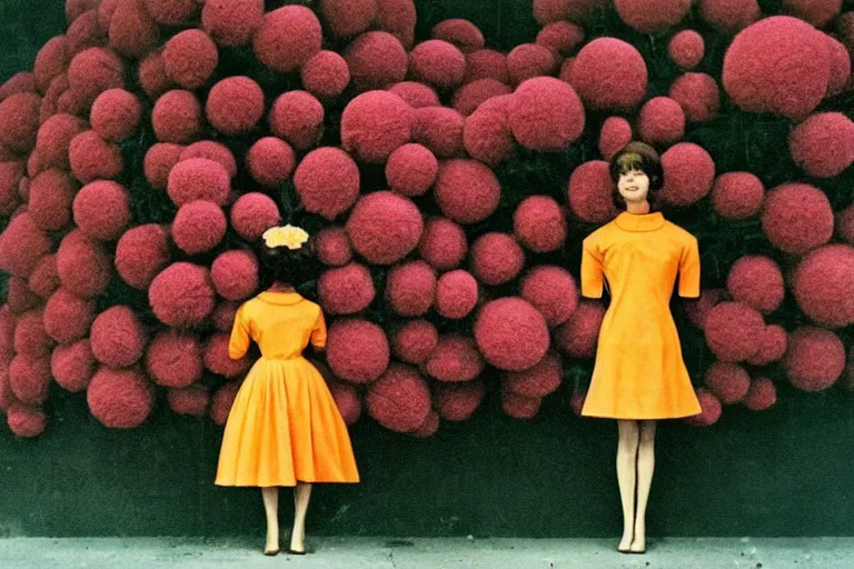 Prompt: giant flower head, girl standing, 1 9 6 0 s architecture, surreal photography, symmetry, mid century, liminal space, bright colours, wes anderson