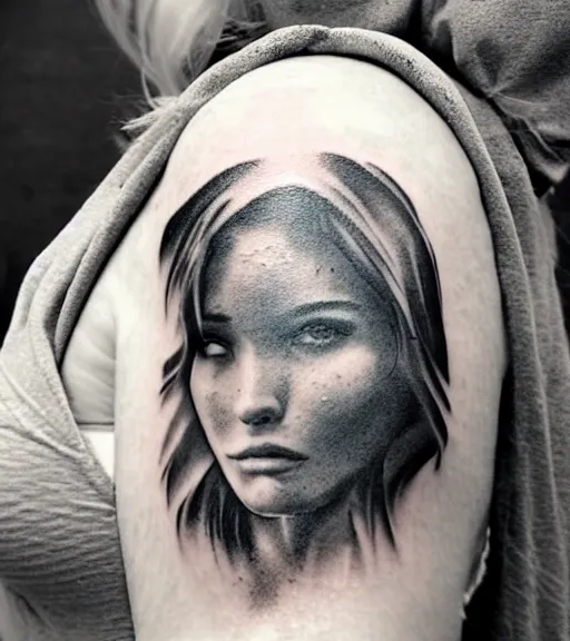 Prompt: tattoo design sketch of a beautiful woman face with a realistic faded mountain scenery on her side, hyper - realistic, double exposure effect, in the style of matteo pasqualin, amazing detail, black and white, faded