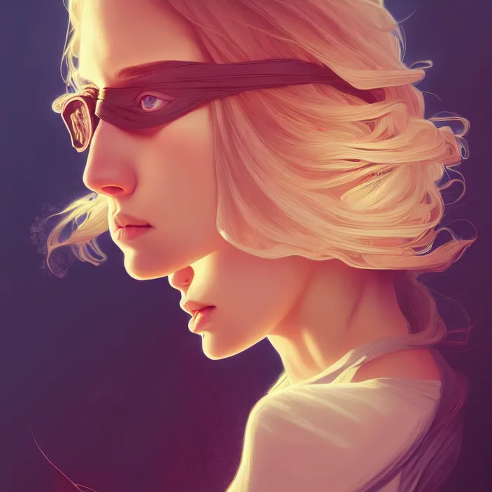 Image similar to blindfold handsome young women with shoulder length blonde hair, symmetrical, half body shot, path traced, highly detailed, high quality, digital painting, alena aenami, lilia alvarado, shinji aramaki, karol bak, alphonse mucha, tom bagshaw