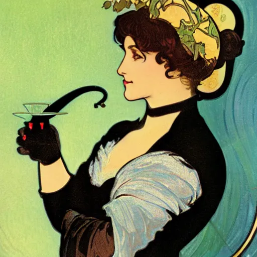 Prompt: a black cat with green eyes, holding a champagne flute filled with blue liquid, green background, in the style of Alphonse Mucha