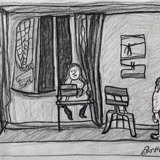 Prompt: a child's drawing of bach infront of a house.