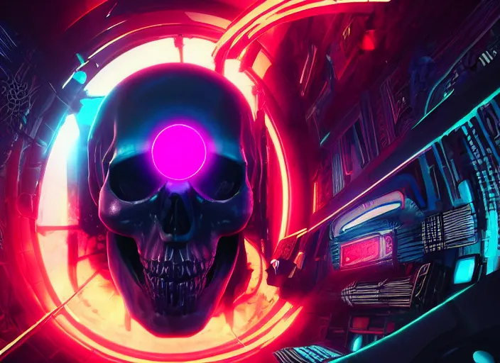 Prompt: a futuristic skull with glowing eyes and a wormhole tunnel, cyberpunk art by james jean, behance contest winner, computer art, darksynth, synthwave, rendered in cinema 4 d