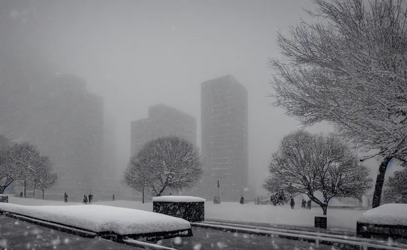 Image similar to snow falling on brutalist high rise buildings, complex ramps, balconies, stairways, white marble statues on pedestals in the background, depth of field, sharp focus, clear focus, beautiful, award winning architecture, le corbusier, frank lloyd wright, snow, fog, mist, hopeful, quiet, calm, serene