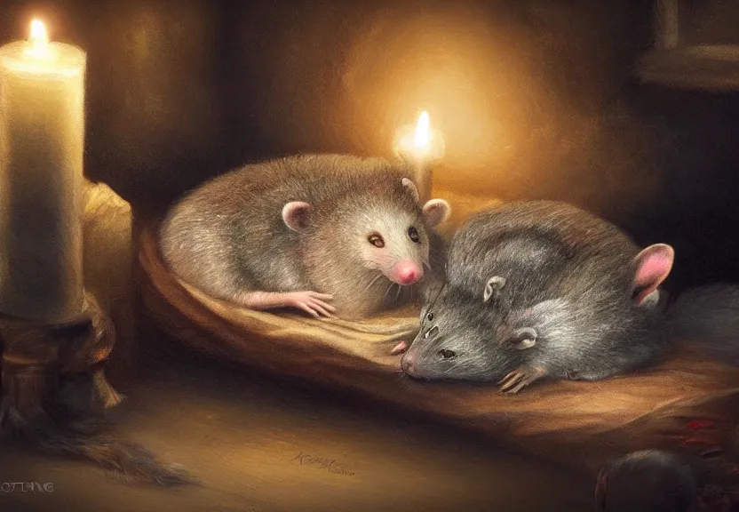 Image similar to cute hatted possum sleeping inside a bed in a medieval cluttered cottage at night under the dim light of a candle, dark fantasy, dreaming illusion, trending on artstation