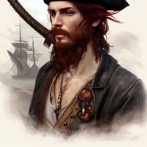 Image similar to portrait of a young rugged pirate, male, masculine, upper body, red hair, long hair, d & d, fantasy, intricate, elegant, highly detailed, steampunk, airship, digital painting, artstation, concept art, matte, sharp focus, illustration, art by artgerm and greg rutkowski and alphonse mucha