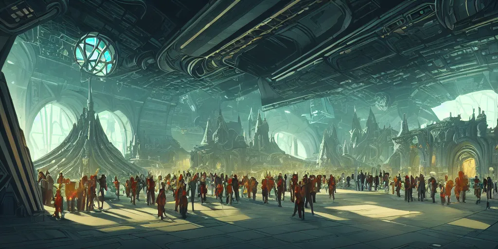 Prompt: cel shaded cinematic shot of the interior of a sci-fi space station with ornate Elven architecture bustling with people, cars, epic castle, emerald, crystalline, detailed illustration, sharp focus, concept art