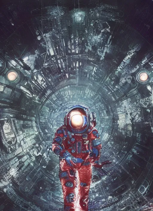 Image similar to astronauts in dark and empty void underwater - complex and hyperdetailed technical suit. reflection and dispersion materials. rays and dispersion of light. volumetric light. 5 0 mm, f / 3 2. noise film photo. flash photography. ultra realistic, wide angle. poster by wayne barlowe, hajime sorayama aaron horkey, craig mullins