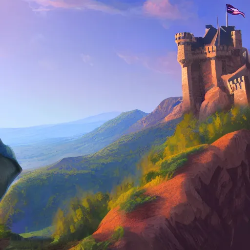 Image similar to a traveler on a mountain overlooking a castle in a valley, game art, digital painting, golden hour,