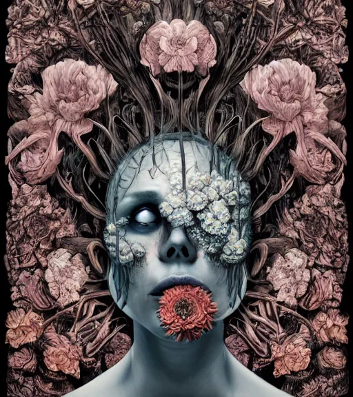 Image similar to portrait, nightmare anomalies, flowers by dariusz zawadzki, kenneth blom, mental alchemy, james jean, pablo amaringo, naudline pierre, contemporary art, hyper detailed