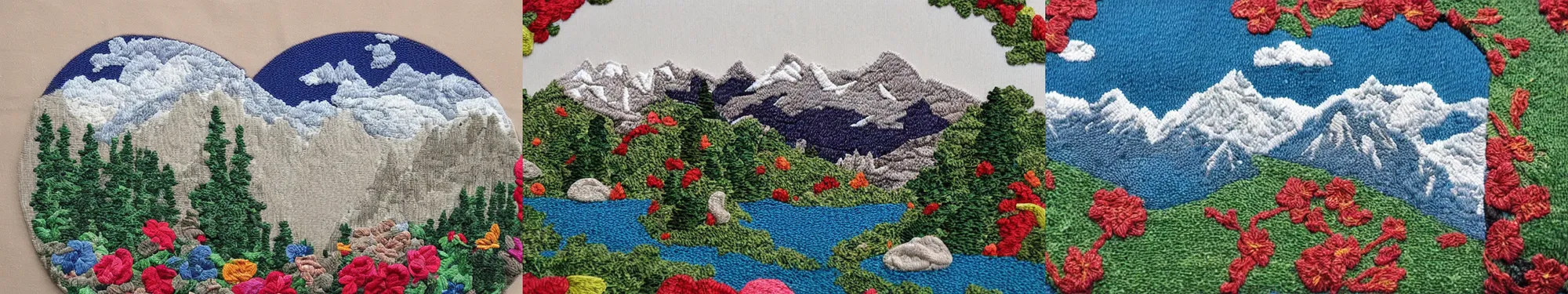 Prompt: lakeside mountains, applique needlework