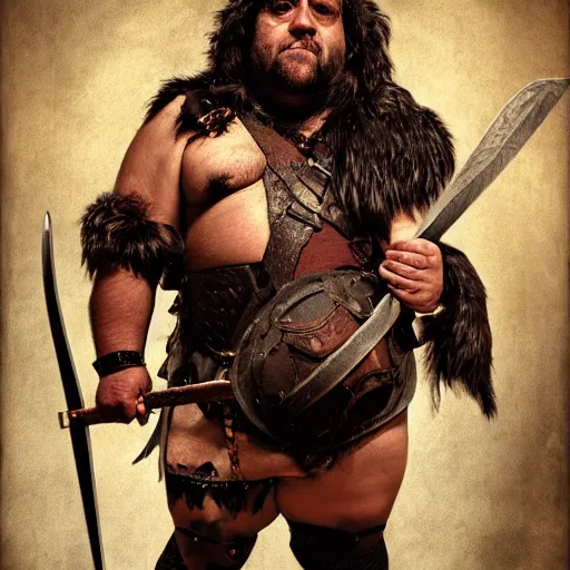 Prompt: danny devito as angry barbarian warrior, full body, holding club, frank reynolds, legendary warrior, leather straps, tattoos, piercings, fur and leather armor, beautiful, sharp detail, photo realism, robin eley, oil painting, fantasy