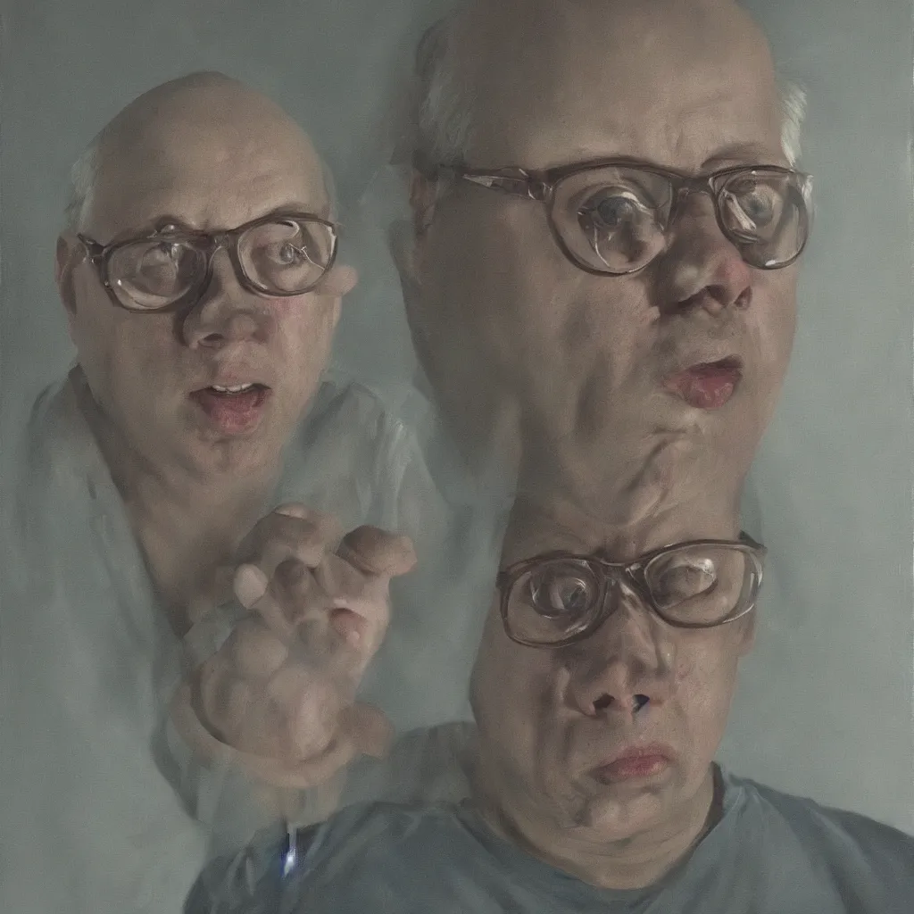 Image similar to oil painting by christian rex van minnen portrait of todd solondz age 7 3, extremely bizarre disturbing, intense chiaroscuro lighting perfect composition masterpiece intense emotion